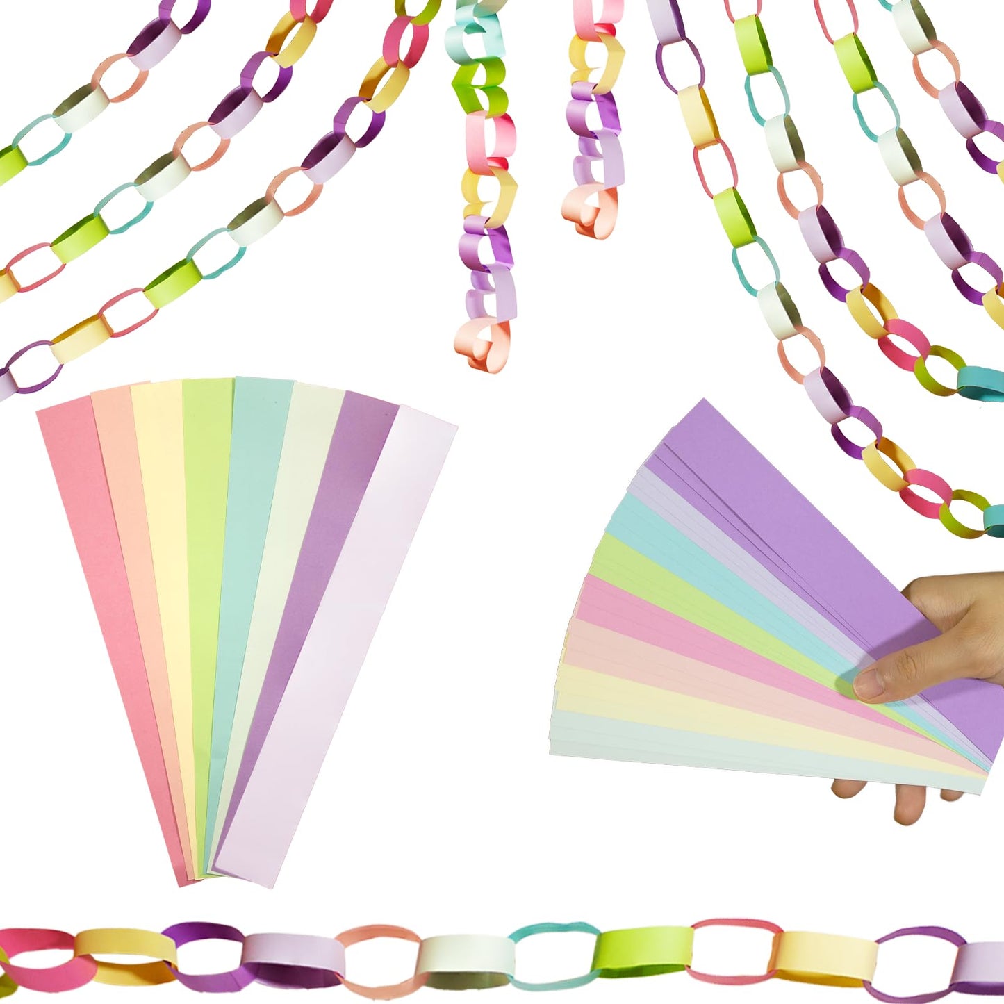 Paper Chain Garland Kit, 600 Sheets 7.9 Inch Precut Paper Strips for DIY Rainbow Chain, Construction Paper Crafts for Birthday Party Wedding Shower Decor, with Double Sided Tape (Macaron)
