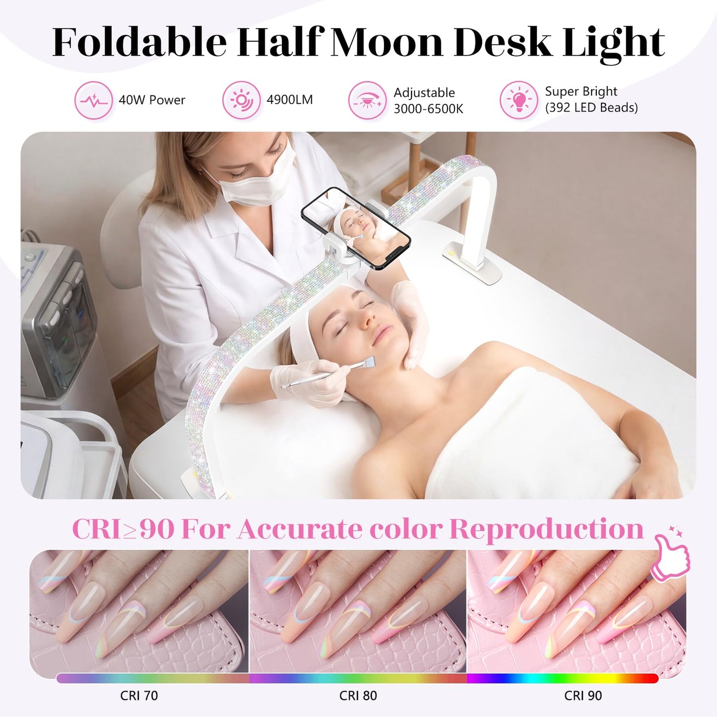 LIONVISON Nail Light for Desk: 29" Foldable Half Moon Light for Nail Tech with Phone Holder - 3 Color Modes & 10 Brightness - 40W Arch LED Nail Desk Lamp for Manicure Salon (with Diamond)