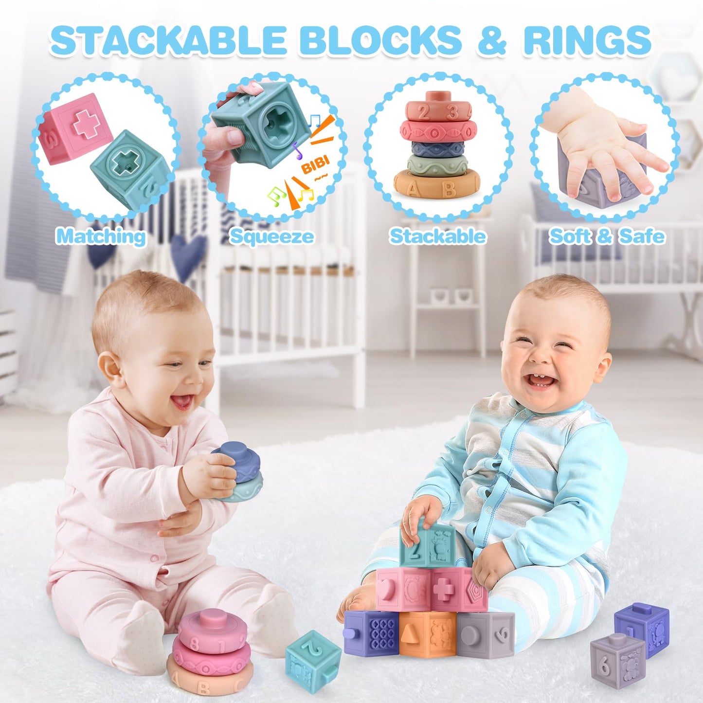 SpringFlower 0-3-6-12 Months Baby Toys, 5 in 1 Montessori Toys for Babies, Teething Toy & Stacking Building Block & Ring & Silicone Pull String, Sensory Development Baby Infant Toy, Gift for Babies