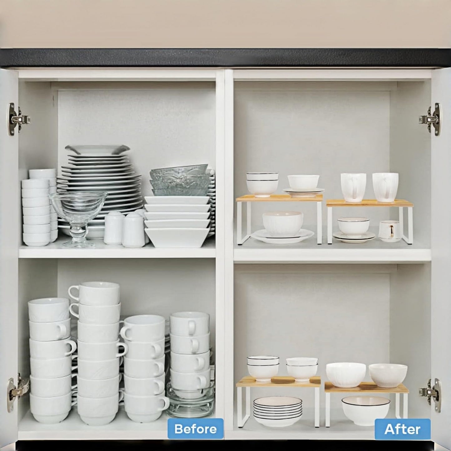 NEX Bamboo Kitchen Cabinet and Counter Shelf Organizer, Stackable & Expandable, Set of 4, White and Natural