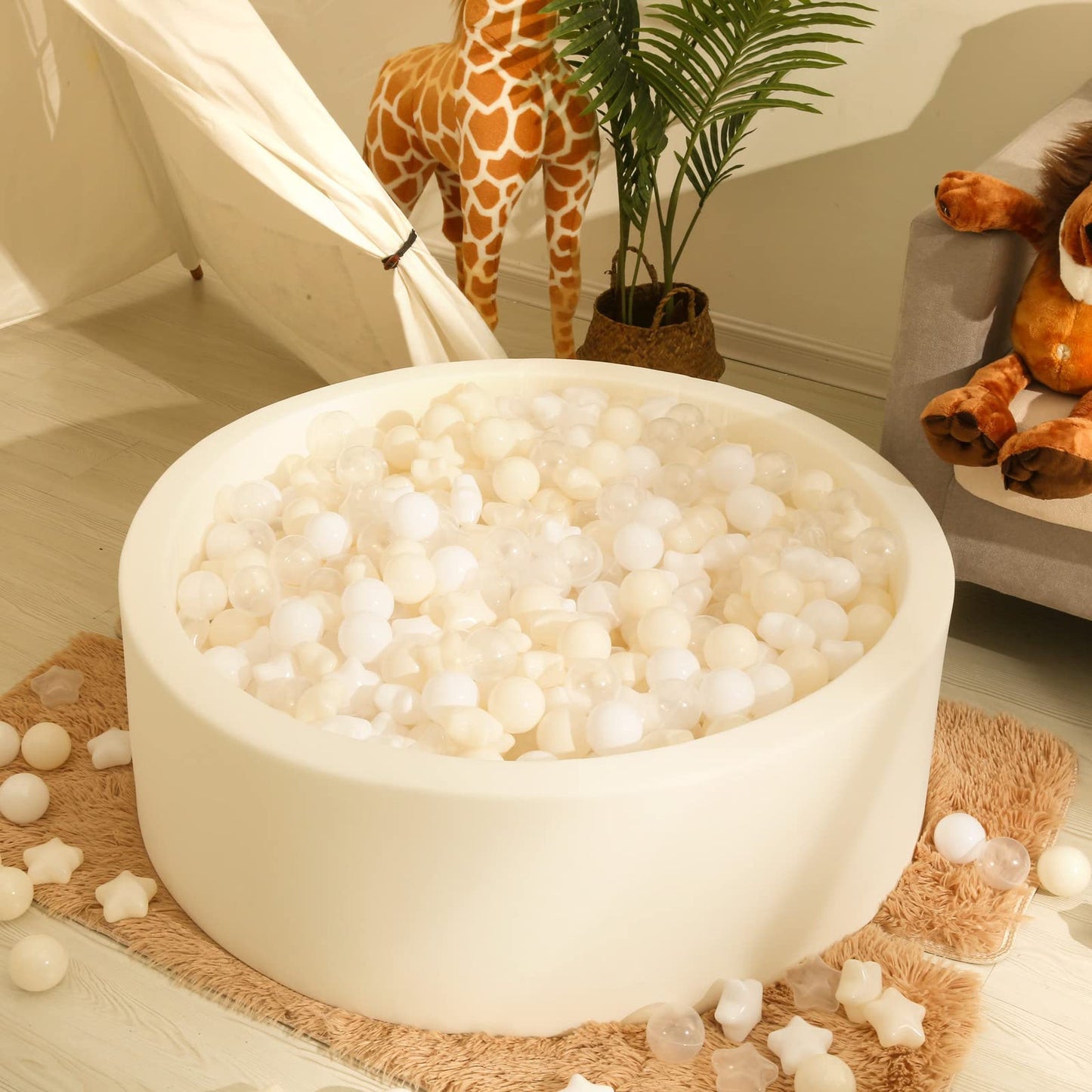 Realhaha Ball Pit Balls 100 PCS, Star Shapes for Babies Kids Playpen Plastic Balls for Babies Ball Pool Puppy Playballs, Beige White Clear