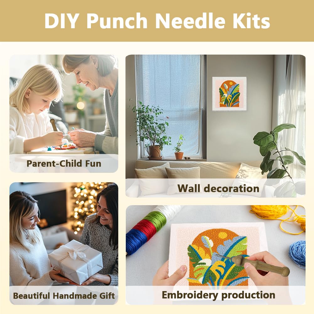 DOODLREAM Monstera Deliciosa DIY Punch Needle Embroidery Kit for Adult Beginner, 9.4" Tropical Plant Punch Stitching Craft Set for Starter with Frame, Fabric Pattern, Threader, Yarn, Punch Needle