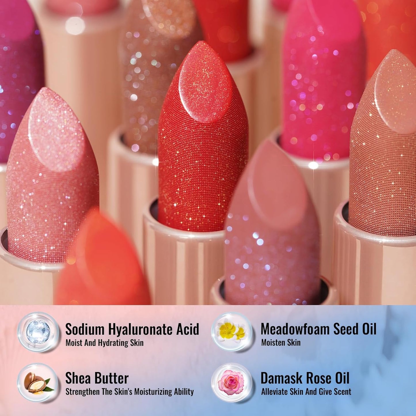 Oulac Moisture Lipstick Set 3PCS - Infinity High Shine Finish, Hydrating Vegan Lipstick Infused with Damask Rose Oil for All-Day Comfort, Gluten-Free, PG10+PG12+PG13