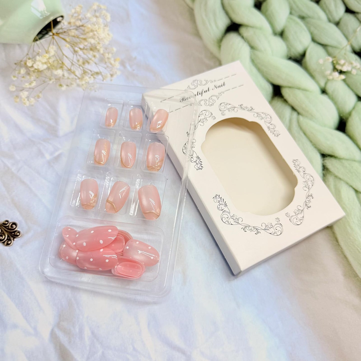 Polka Dot Press on Nails Medium Oval Fake Nails with Designs Gold Bow Stick on Nail Glitter Acrylic False Nail Cute Artificial Nail Press ons Glossy Full Cover Glue on Nails for Women