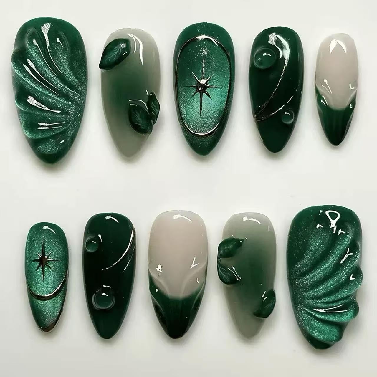 C.Z.Z.T.T.NAILS press-on nail set with jade green cat eye design, pointed tip manicure stickers with 3D droplet effect, 24 reusable women's fake nails, suitable for various occasions
