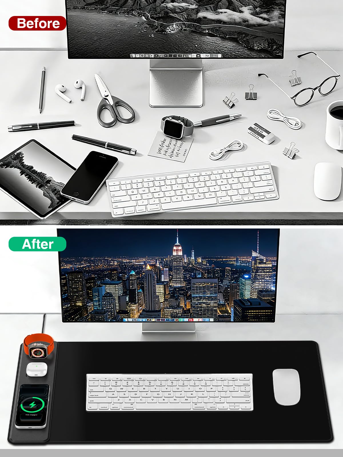 Mouse Pad with Magnetic Wireless Charging, Large Desk Mat, Non-Slip Mouse Mat, Keyboard Pad for Gaming, Desk, Office, PC (The Left Charging-Black with 20W PD Charger)