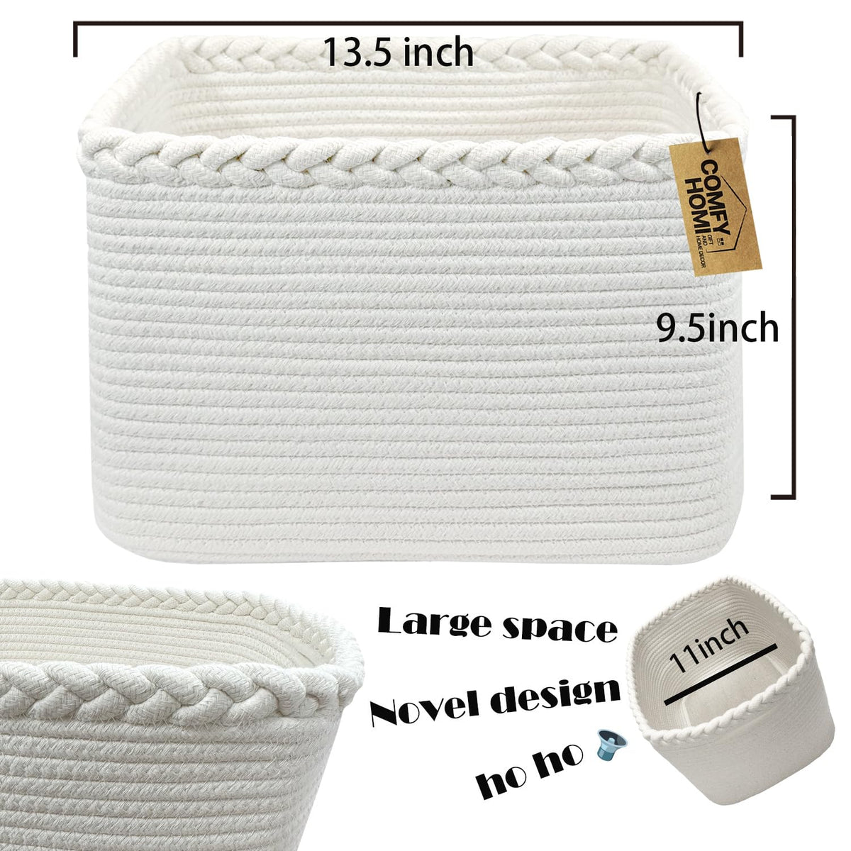 3PACK Cotton Rope Square Basket with Handles for Shelves (3 Count)