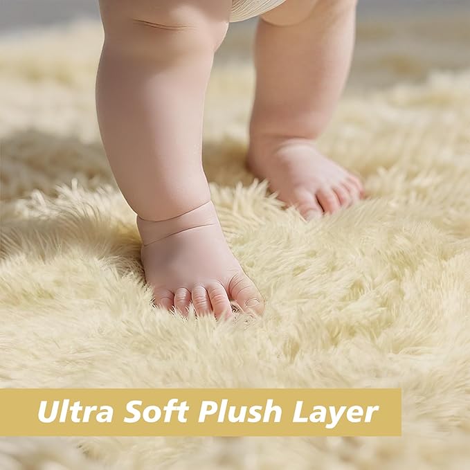 Ultra Soft Fluffy Area Rugs for Bedroom Living Room Ivory 10x14, Nursery Rug, Non-Slip Carpet for Kids Dorms Decor, Shaggy Bedside Rug