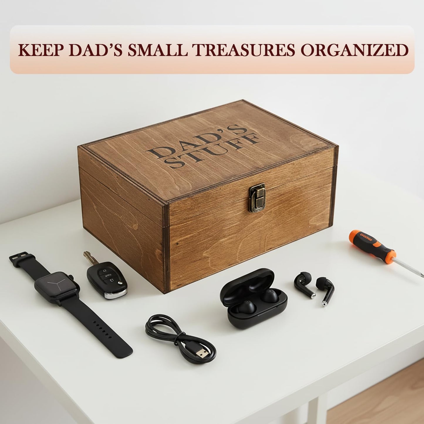 BeeGreeny Dad Gifts, Wooden Dad's Stuff Storage Box, Large Rustic Wooden Keepsake Box 11.6" x 8.7" x 5", Engraved Memory Wood Box, Birthday, Father's Day Gift for Dad, Father, Daddy