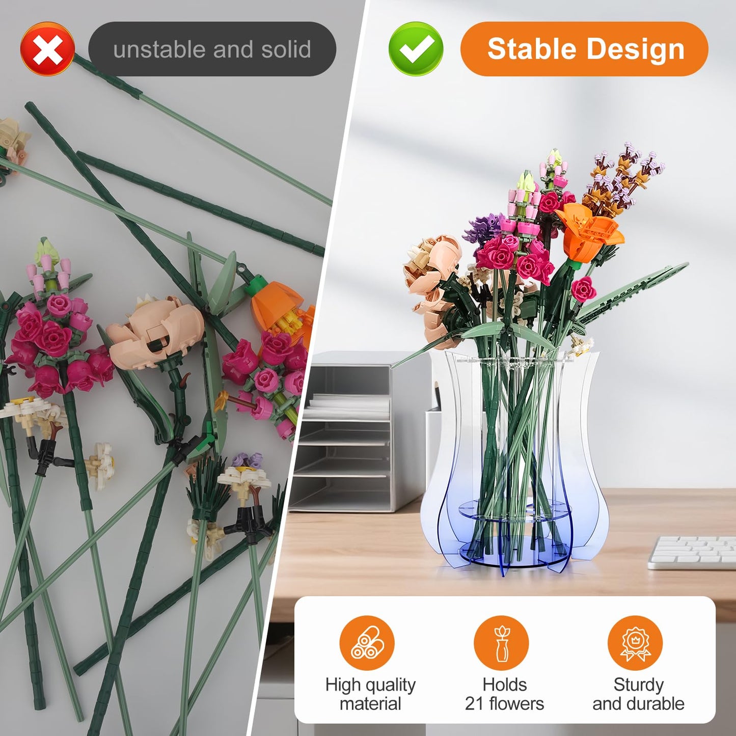 Upgraded Acrylic Vase for Lego Flowers - Thickened Sturdy Display Stand & Holder for Lego Flower Bouquet Building Set, Botanical Collection, Roses & Orchids | Larger Hole Arrangement Design (Blue)