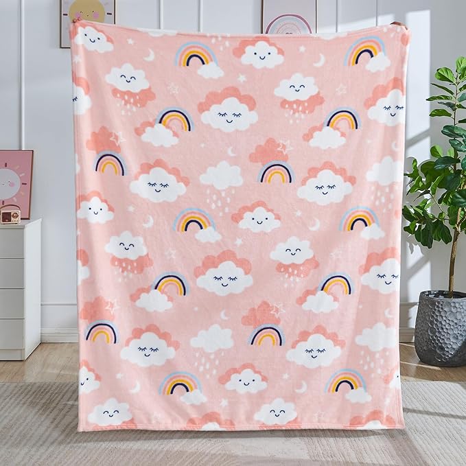 SOCHOW Cute Cloud Print Fleece Throw Blanket for Kids Boys and Girls, Soft Lightweight Cozy Warm Flannel Blanket for Toddler Bed, Pink 50 x 60 Inches