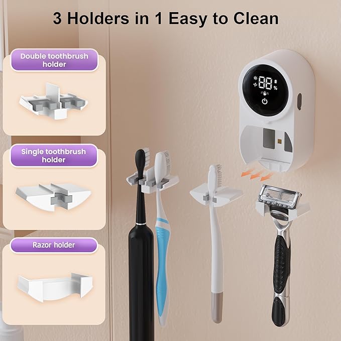 Toothbrush Holder and Cleaner Razor Holder/Dryer Light Cleaning and Air Drying Automatic Ratating Cover Rechargeable Wall Mounted for Bathroom Portable for Trip