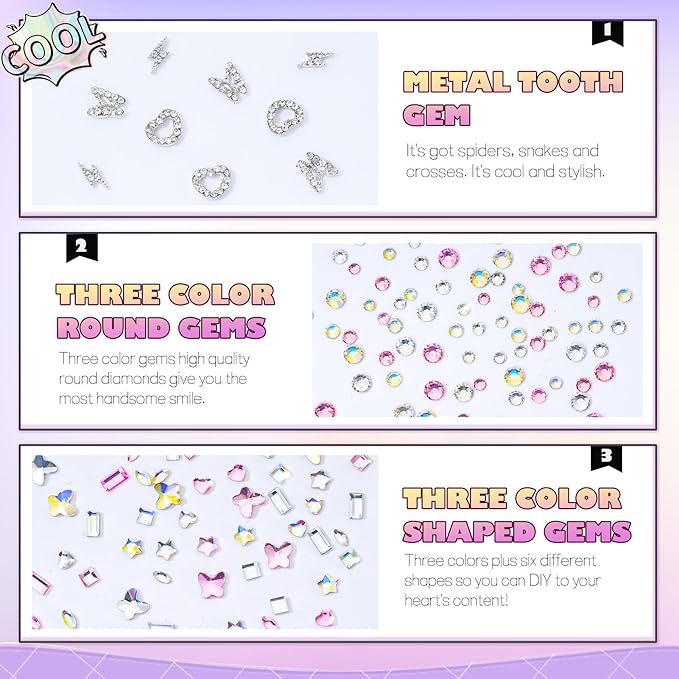 WATRZ Teeth Gem Kit,Tooth Diamonds Gems Kit for Teeth DIY Crystals Tooth Jewelry for Girls DIY Crystal Spider Snake Cross Heart Butterfly Lightning Bolt Pink Purple Black Red for Boys(White)
