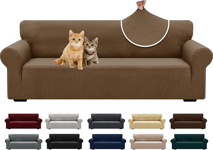 XINEAGE New Extra Large Couch Cover for 3 Cushion Couch (91"-110") 1 Piece Stretch Oversized Sofa Slipcovers Jacquard 4 Seater Furniture Protector Elastic Bottom for Kids,Pet (XL Sofa, Brown)