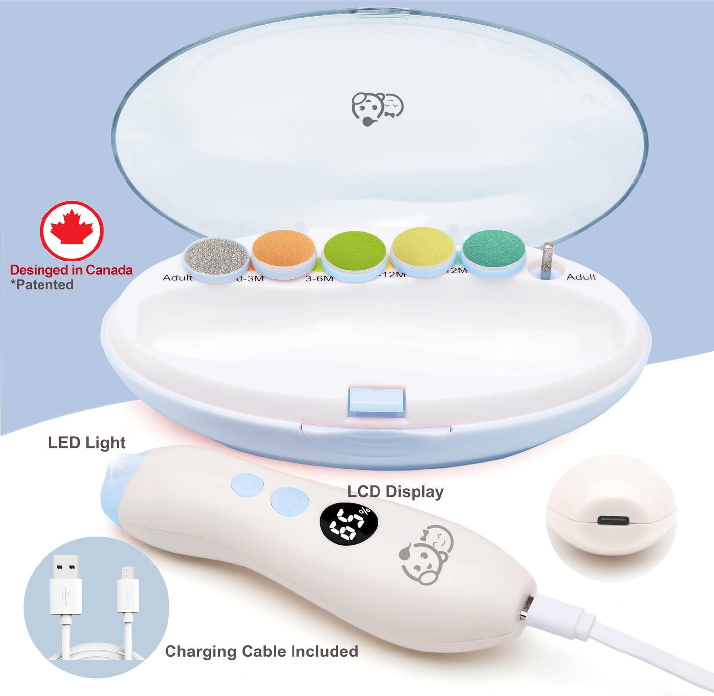 Royal Angels Rechargeable 22 in 1 Baby Nail Trimmer with LCD Display, Labeled Case, 13 Extra Pads, 4 Speed Settings, Safe Quiet LED Light Electric Baby Nail File Kit for Newborns Toddlers (WhiteBlue)