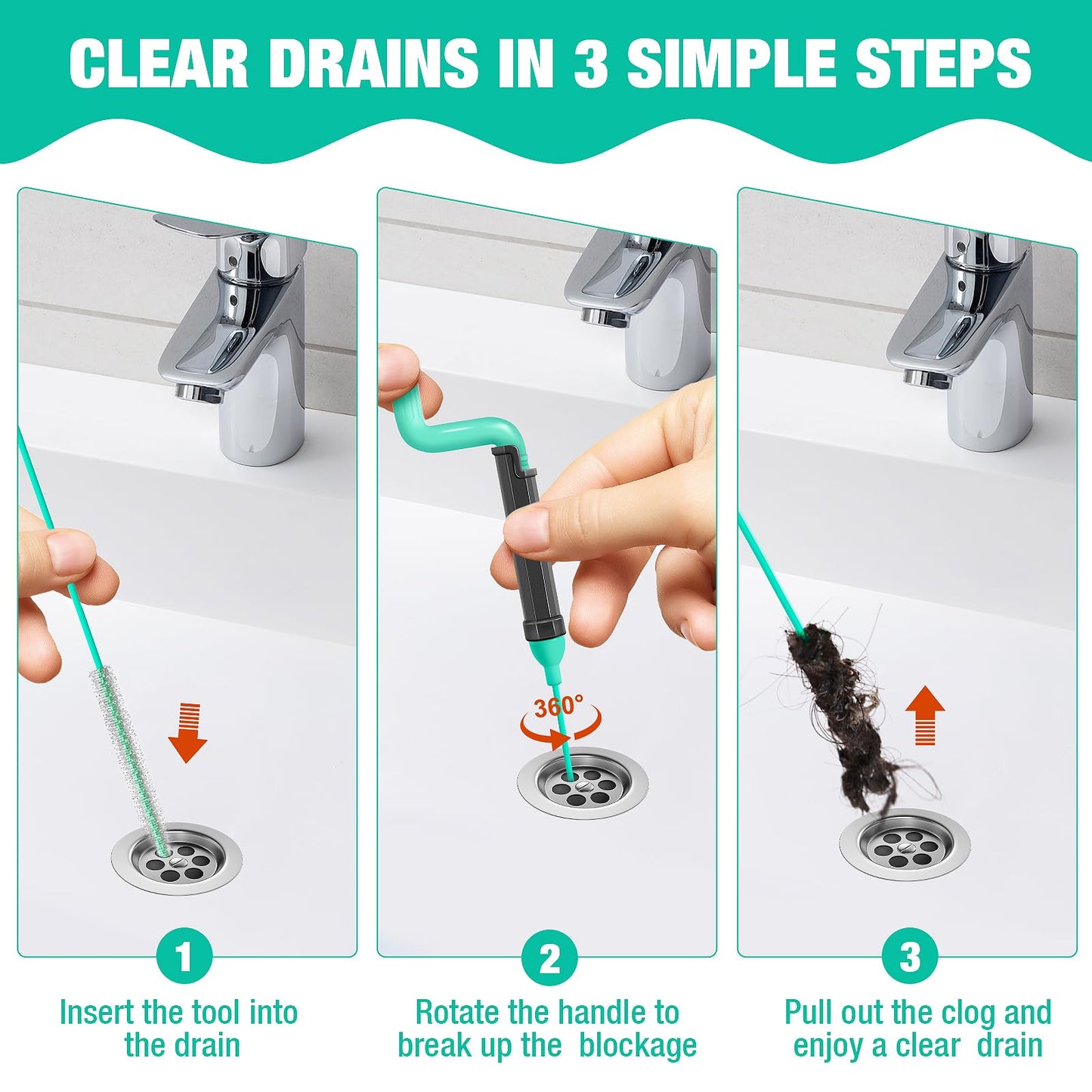 55inch Steel Core Drain Clog Remover Tool With Rotating Handle, Slim Snake Drain Hair Removal Tool For Narrow Pipes, Sinks, Showers, Toilets, Clears Hair, Blockages With Sink Drain Cleaner (5pcs)
