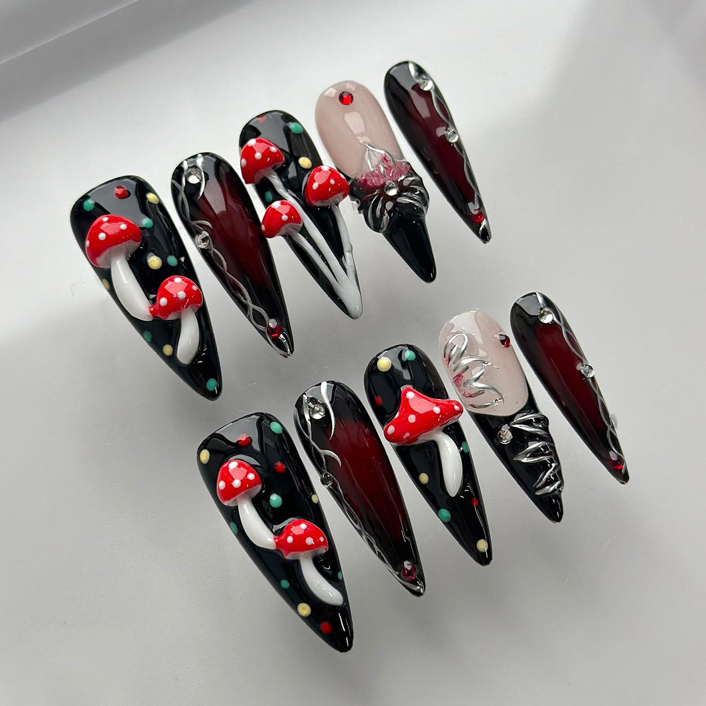 Luxury Press on Nails Long Stiletto Handmade 3D Unique Reusable ABS Material Fake Nails Black False Nails with Designs Mushroom Polka Dots Rhinestones Glossy Glue on Nail Thick Acrylic Nail(S)