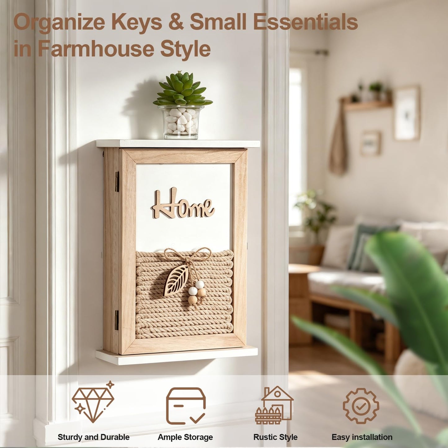 GMPAJHL Key Holder for Wall, Rustic Wooden Wall Mount Key Box with 6 Hooks, Farmhouse Key Storage Organizer Key Rack for Entryway Hallway Office, Boho Home Decor