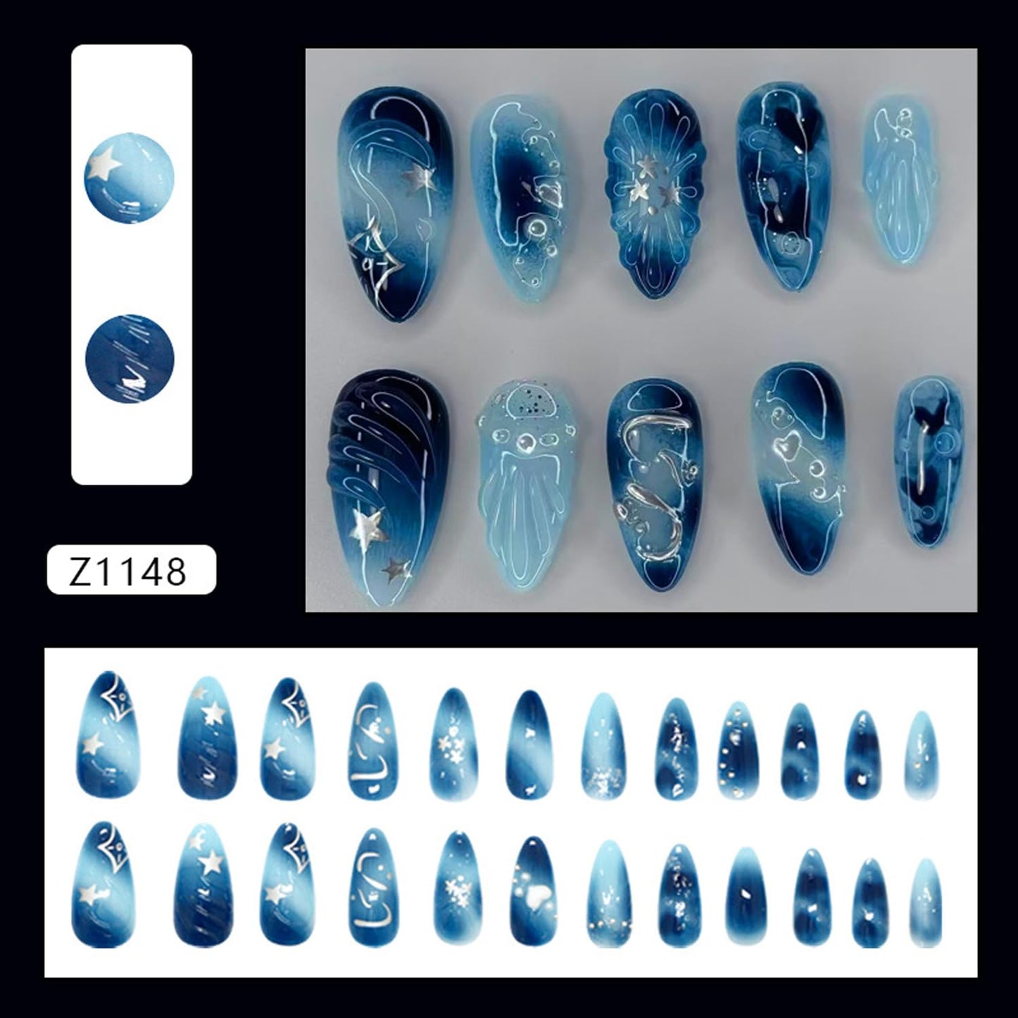24Pcs Blue Press on Nails Medium Almond Glossy Fake Nails with 3D Wave Heart Pearl Star Sparkle Pattern Cute False Nail French Nails Full Cover Artificial Glue on Nail Handmade Stick on Nail for Women