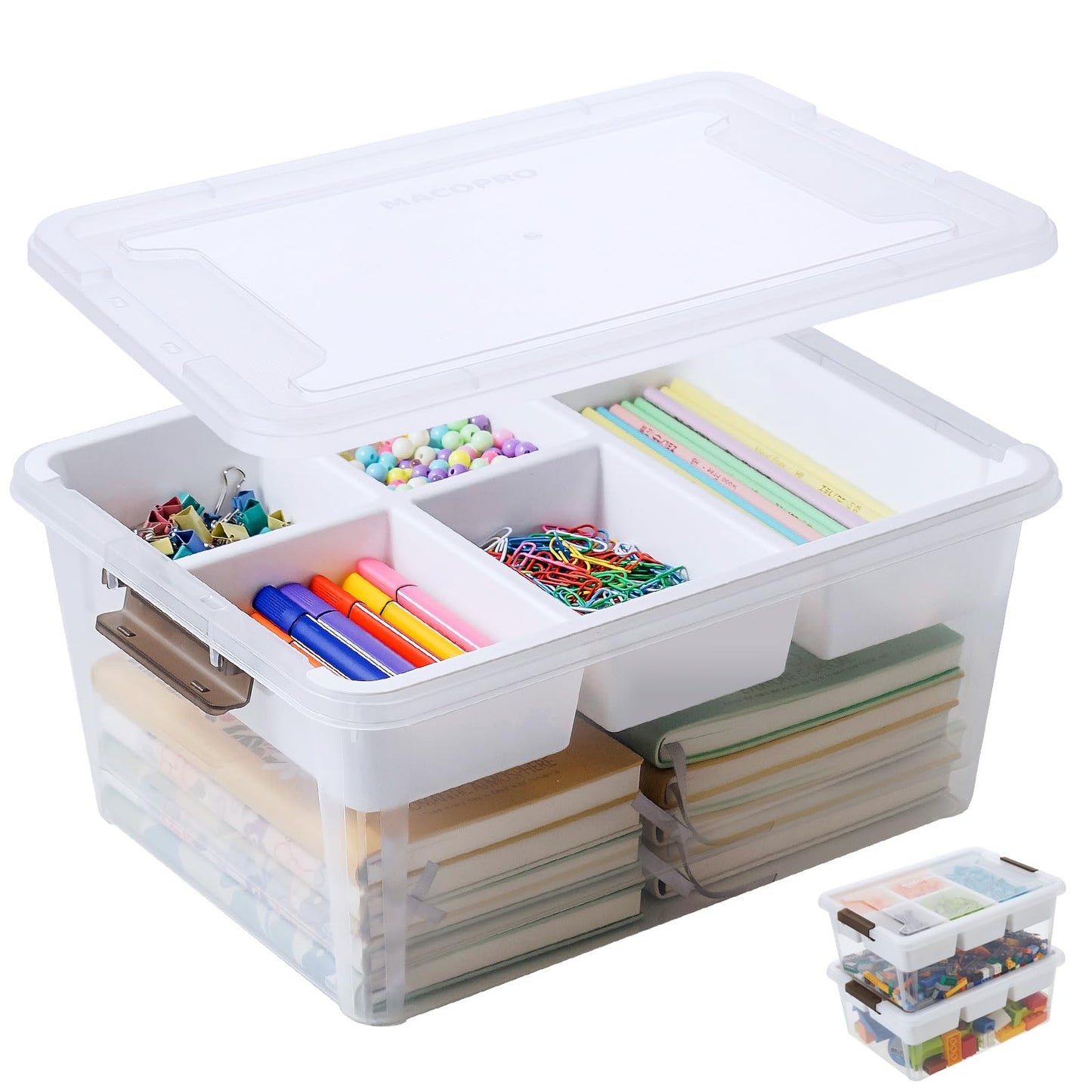 MACOPRO 17 QT Plastic Storage Box with Removable Tray, Bins with Lids, Clear Storage Container for Craft Supplies, Beads, Tools, Sewing, and Playdoh Organization (White, 1Pack-17QT)