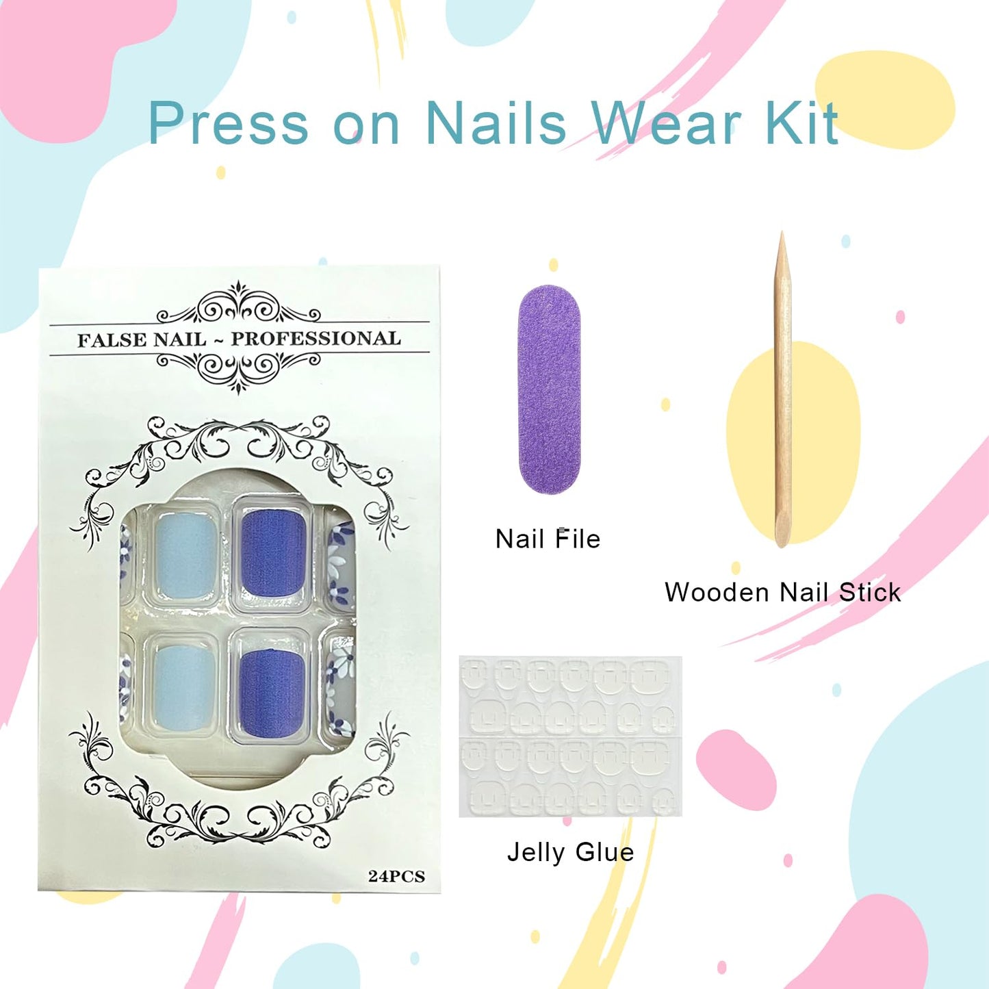 Flower Press on Nails Short Square Fake Nails with Spring White Blue Floral Designs Light Blue Matte Full Cover False Nail Acrylic Flowers Stick on Nail for Women 24Pcs