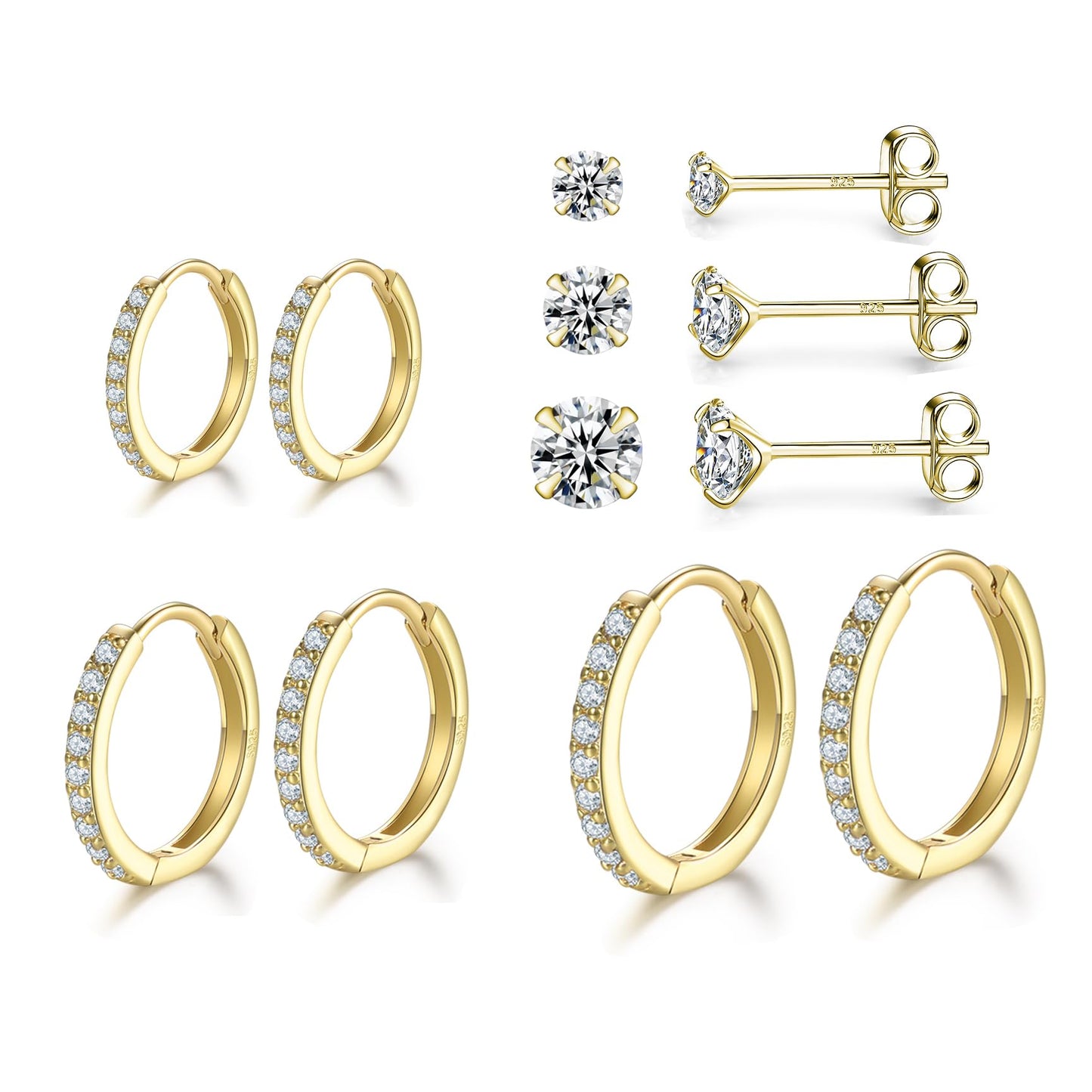 Small Gold Hoop Earrings Sterling Silver Stud Earrings for Women 6 Pairs Hypoallergenic Tiny Cubic Zirconia Stud Set Cartilage Hoops