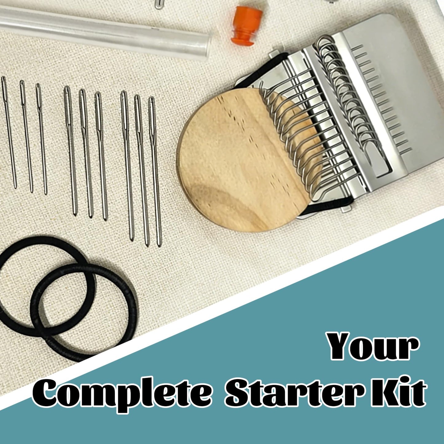 Knit Patch Patchmaker 2.0 Kit,Mini Darning Loom with 14 Hooks Small Weaving Loom 14 PCS Large Eye Needles & 50 Color Threads Weaving Repair Tool Darning Kit for Beginners Repair Jeans, Socks (1)