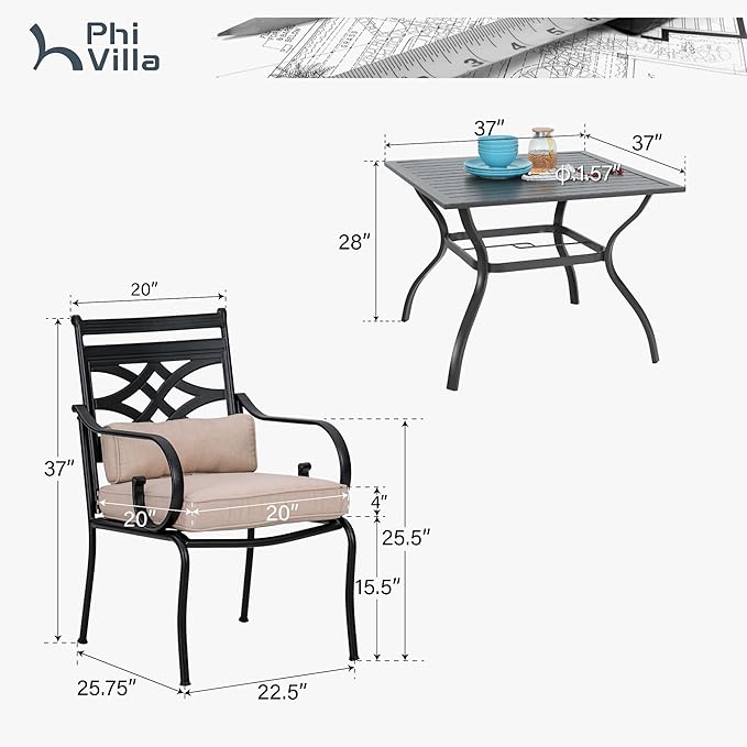 PHI VILLA 5 Pieces Outdoor Dining Set for 4, 37" Square Black Metal Table with Umbrella Hole & Wrought Iron Chairs, All Weather Large Outside Furniture with Cushions & Pillows for Patio, Deck, Porch