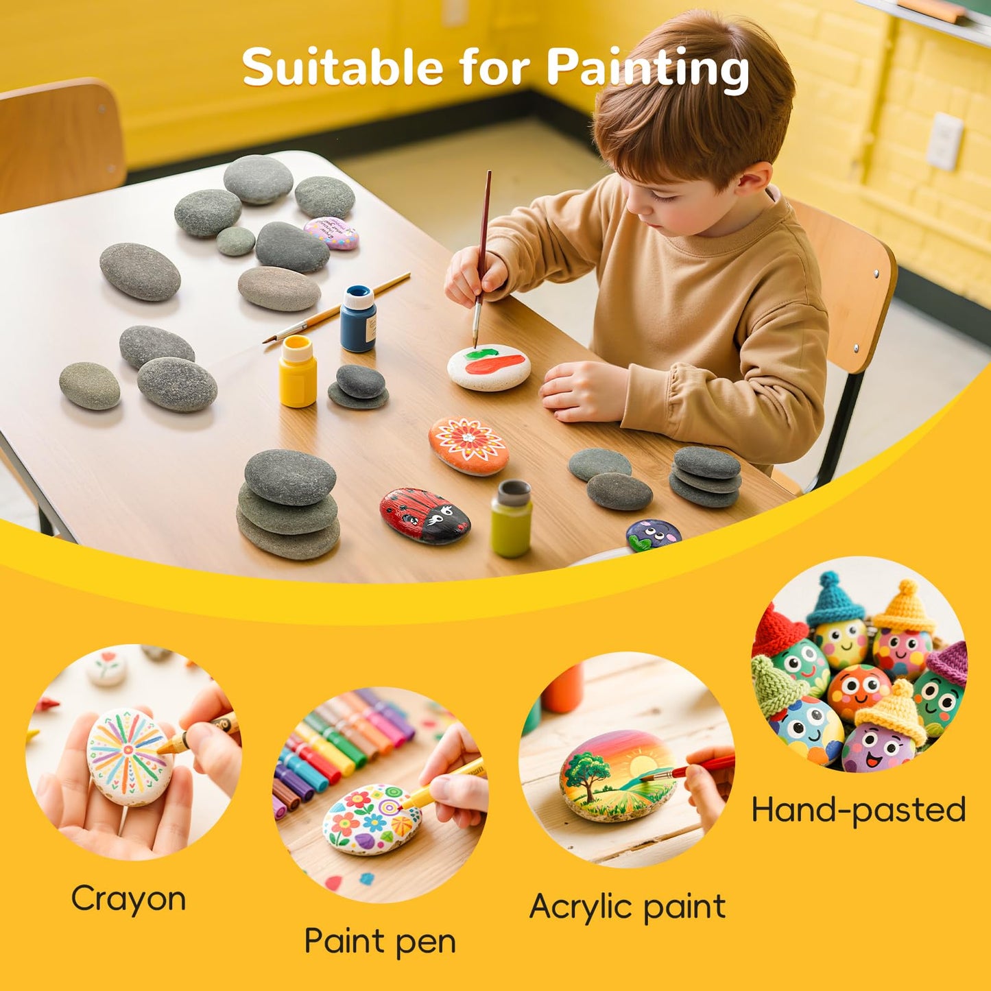 Simetufy 100pcs 1.5-3in River Rocks for Painting,2 Sizes Flat Smooth Rocks for Arts & DIY, Kindness Rocks, Paint Stones for Craft (50pcs Each Size: 1.5-2in, 2-3in)
