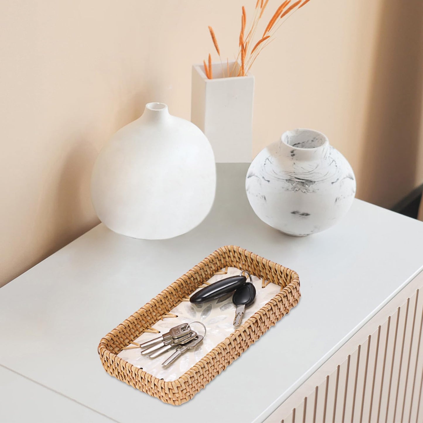 GUSHBIN Decorative Key Basket for Entryway Small Handwoven Rattan Tray Rectangular Key Holder Tray Wicker Basket Organizer for Keys Remote Control Jewelry, White