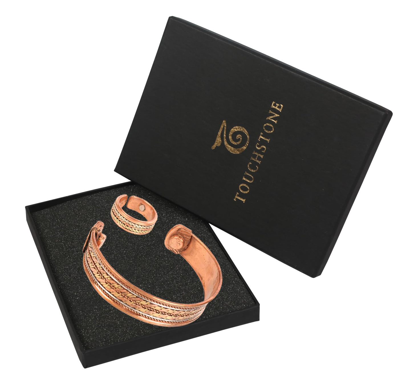 Touchstone Copper Magnetic Hand Forged With Solid And High Gauge Spiral Wire Braided Minimalistic Elegance Pure Copper Bracelet And Matching Ring In Triple Tones.