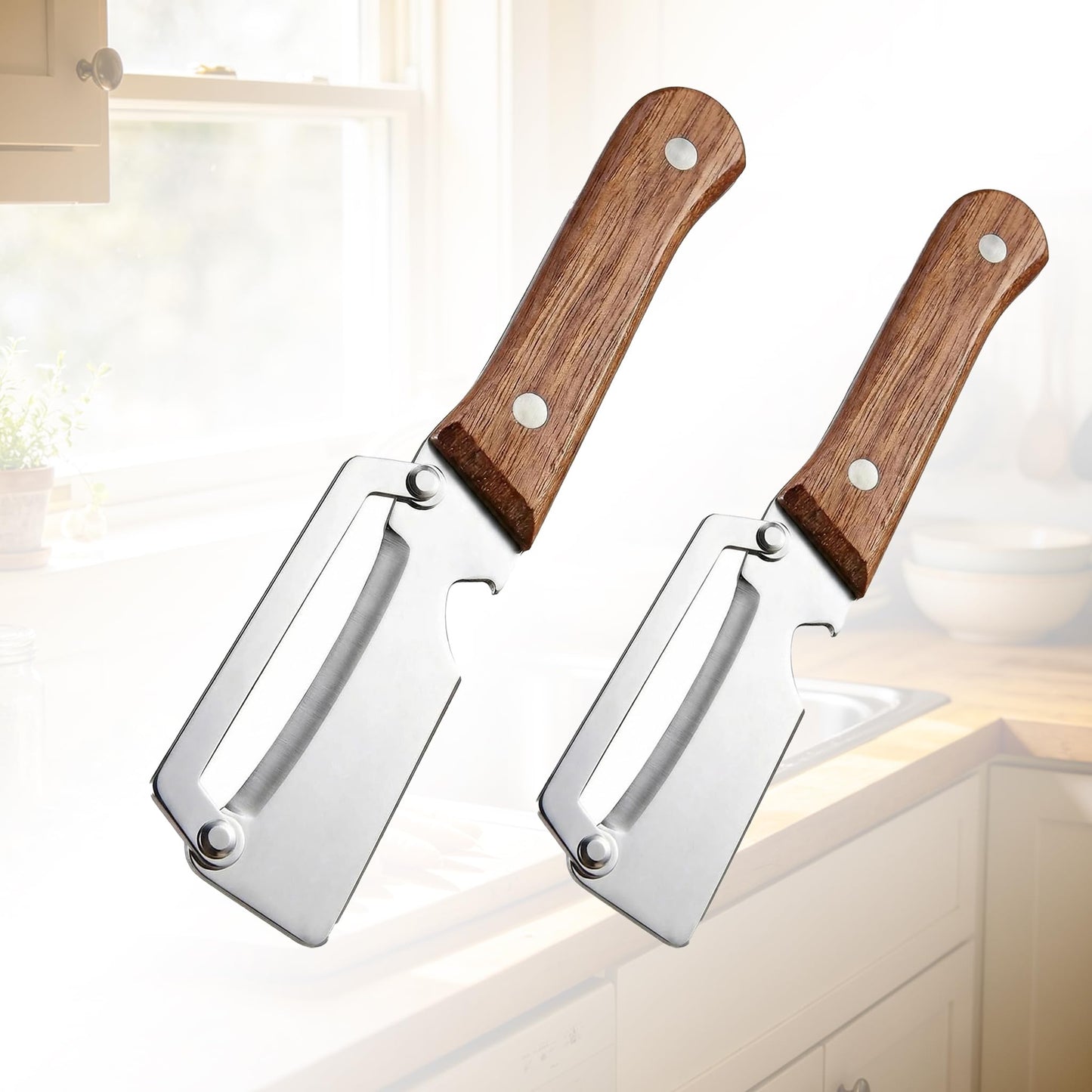 Multifunctional Premium Vegetable Peeler with Wooden Handle, Stainless Steel Blade & Bottle Opener, Non-Slip Kitchen Tool for Fruit, Apple, Potato, Pumpkin, Papaya, Zucchini (2pcs)