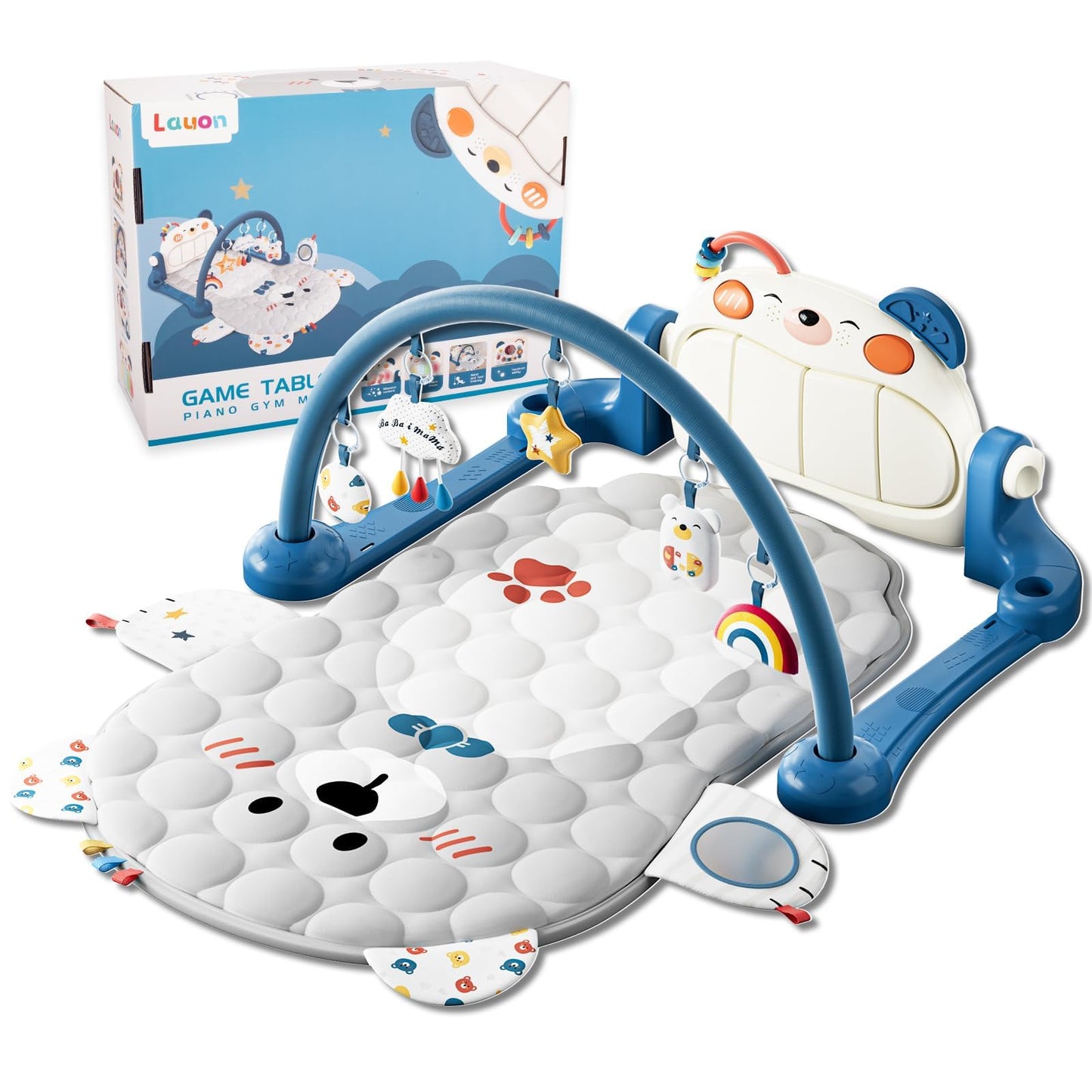 Baby Play Gym Mat, Kick and Play Piano Mat for Babies, Infant Tummy Time Activity Playmat with 5 Detachable Toys, Easy to Install & Clean