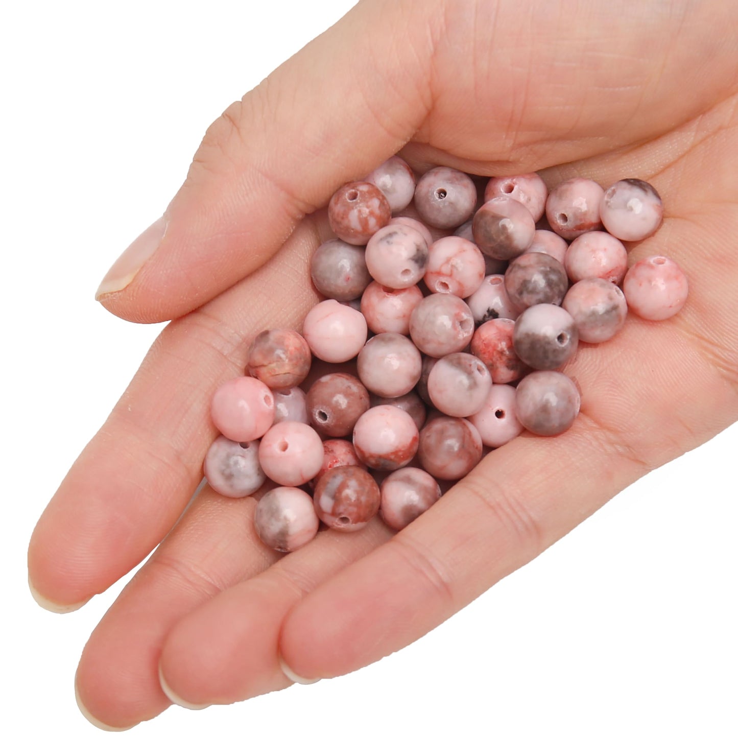 70PCS Natural 8MM Healing Gemstone, Pink Zebra Jasper Energy Stone Round Loose Beads, Semi-Precious Crystal Beads with Free Elastic String for Jewelry Making DIY