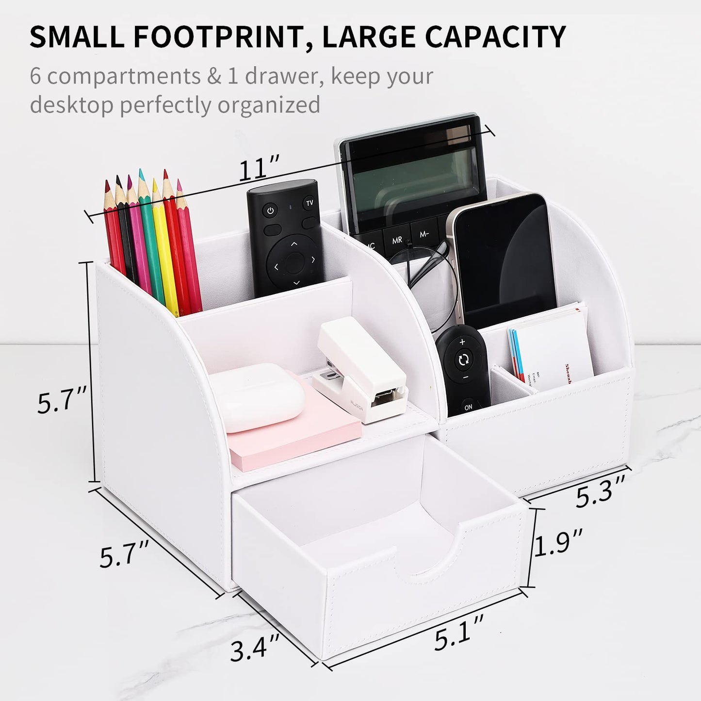 KINGFOM Pu Leather Desk Organizer Pen Pencil Holder Office Supplies Caddy Storage Box 6 Compartments with Drawer White (Full Pu Leather)