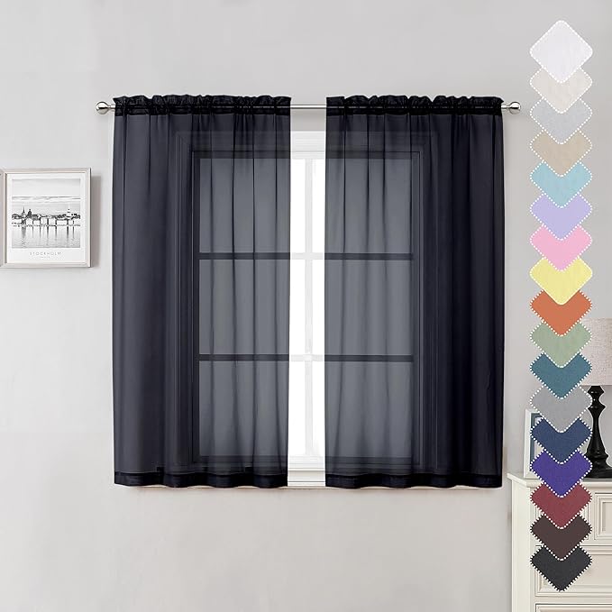 Lecloud Black Sheer Curtains 54 Inch Length 2 Panels Set, Lightweight Short Curtains for Bedroom Kitchen, Light Filtering Voile Window Treatments with Rod Pocket for Living Room, 40 W x 54 L