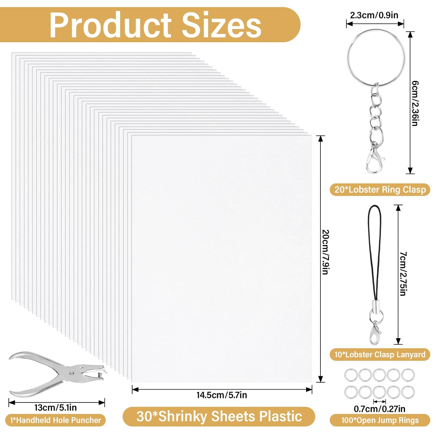 CRTWDMAN 161 Pcs Shrink Paper Keychain Kit,with 30 Pcs Shrinky Plastic Sheets 7.9"x5.7",Hole Punch,Lobster Clasps,Jump Rings DIY Crafts for Adults and Teens