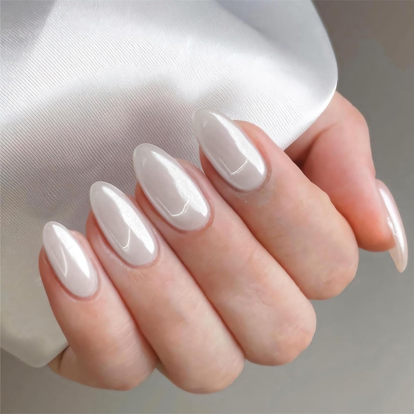 KQueenest All White Press on Nails Medium Almond&Transparent Pearl White Press on Nails Medium Almond For Beach Party Daily Decoration in 48 PCS