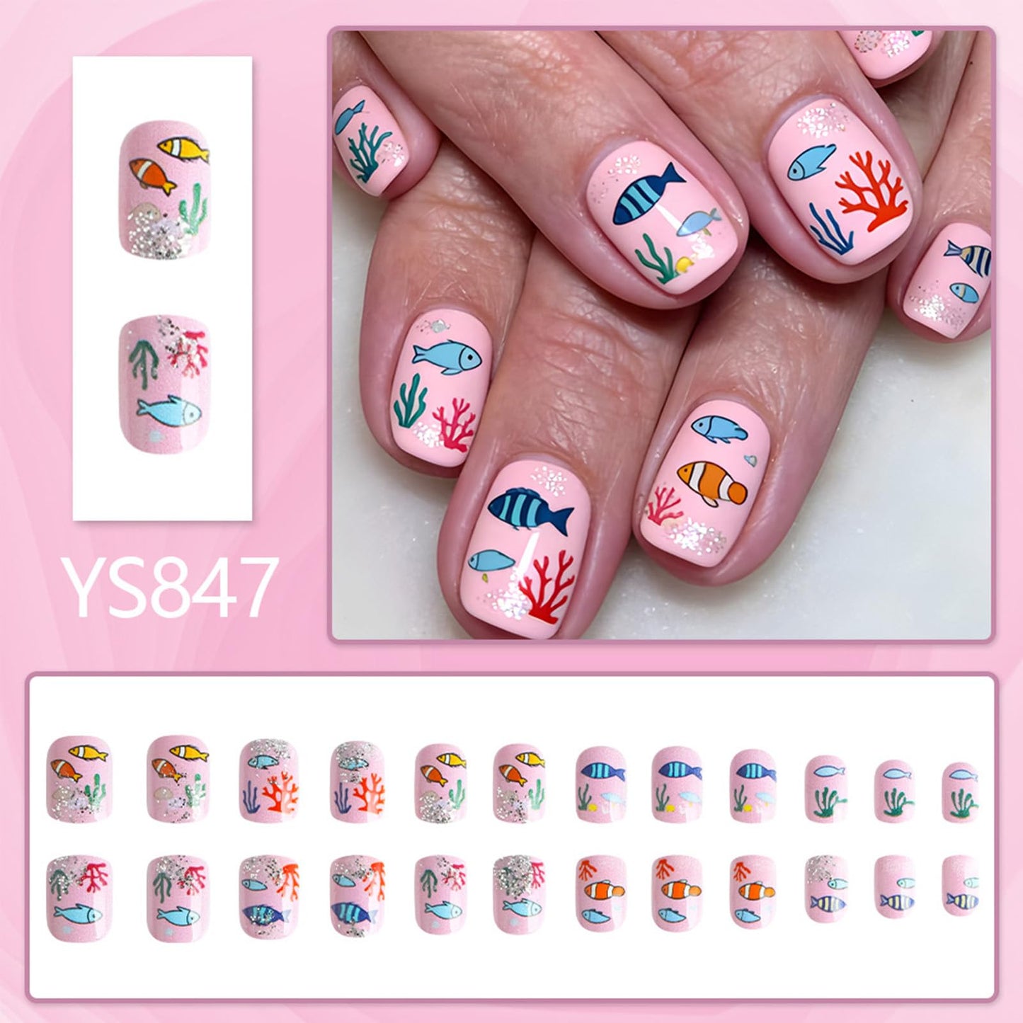 Spring Summer Press on Nails Short Square Fake Nails Pink False Nails with Sea Fish Coral Designs Glossy Glitter Stick on Nail Reusable Artificial Glue on Nails for Women Manicure 24Pcs
