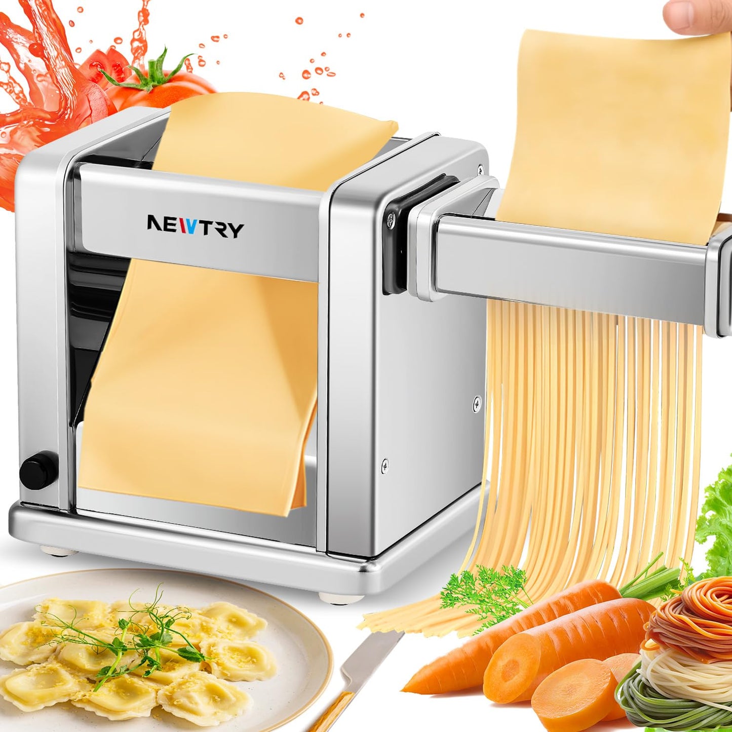 NEWTRY Electric Pasta Maker Family Noodle Making Machine Dough Roller Press Cutter with 3 Blade Attachments 2mm/4mm/6.5mm Pasta for Home Use US 110V