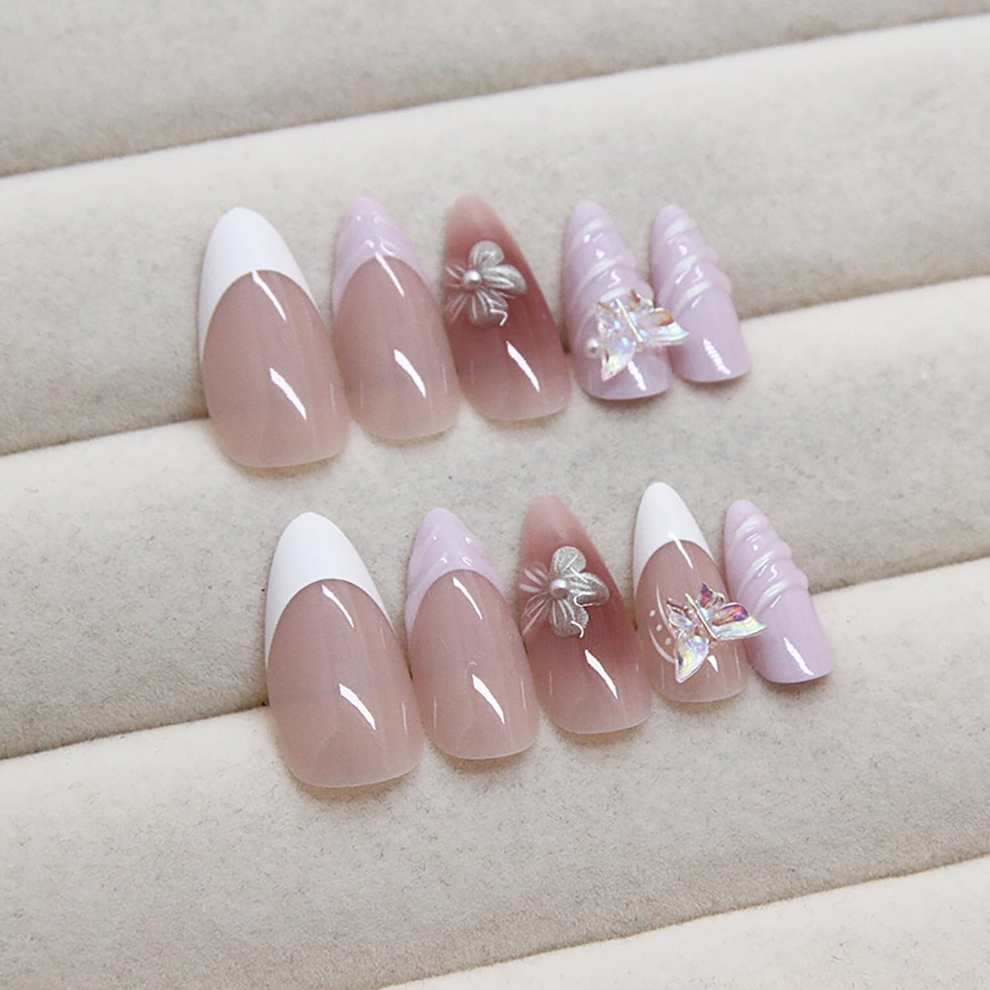 24Pcs Pink Almond Press on Nails Medium Fake Nails Glossy Reusable False Nail with 3D Flower Butterfly Design Artificial Acrylic Nail Press ons Spring Summer Flower Nails for Women DIY Nail