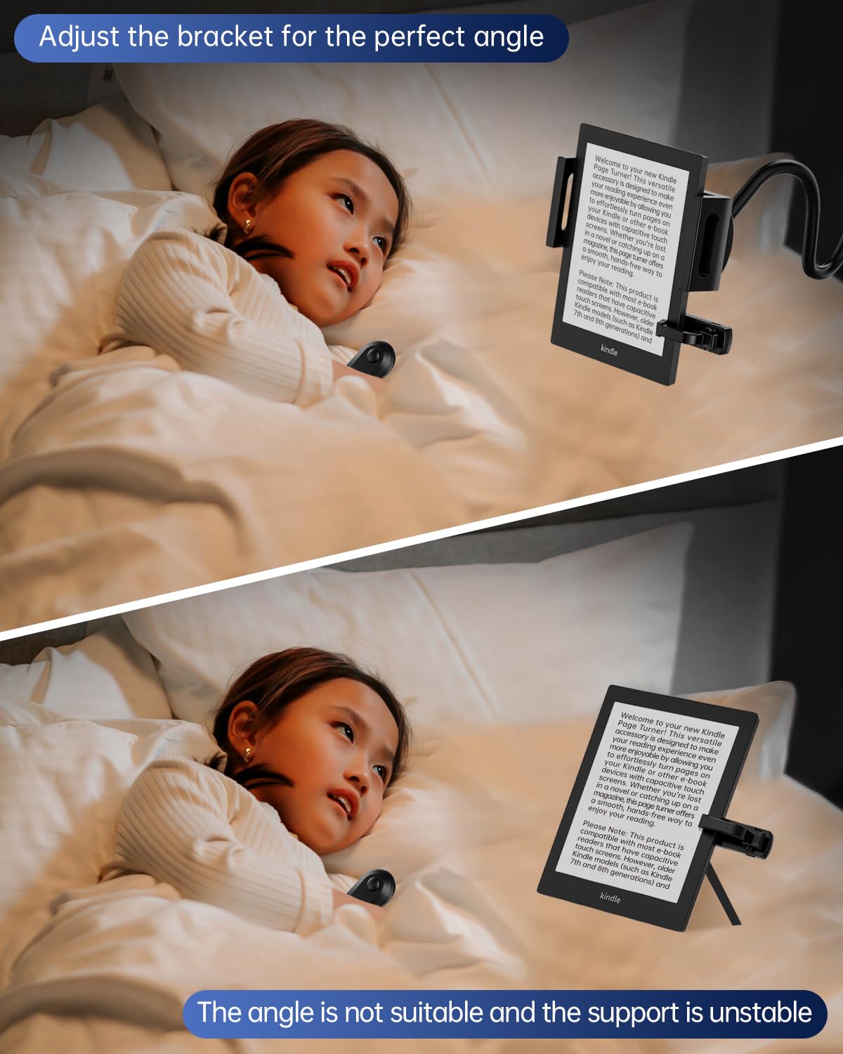 Bongogoo Kindle Holder with Remote Page Turner | Hands-Free Stand for Reading in Bed or Desk – Compatible with Kindle Paperwhite, Oasis, iPad, iPhone, and More | Fits Devices from 4.5” to 10”