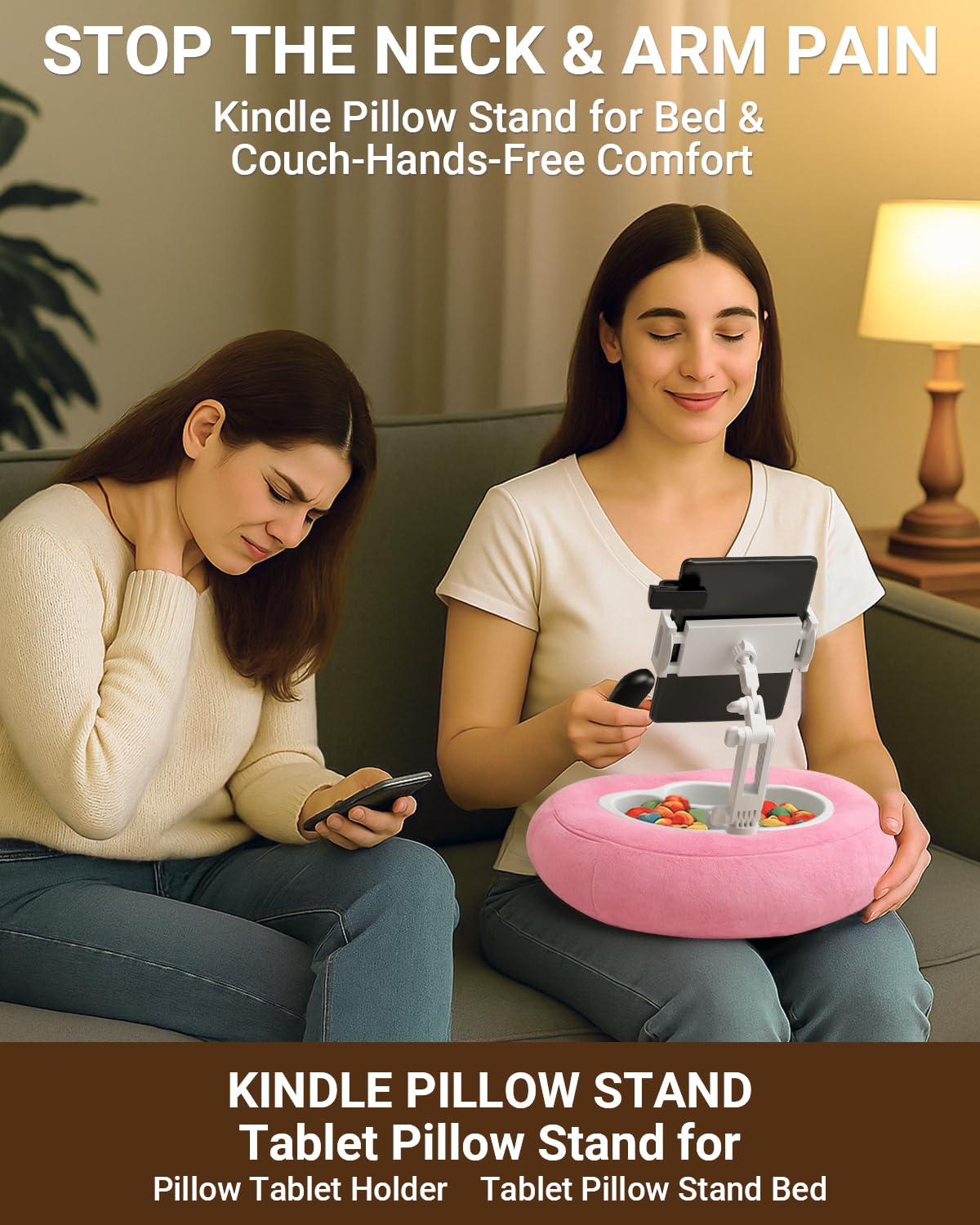 Tablet & Kindle Pillow Stand for Bed, Adjustable iPad Holder for Couch and Lap with 2 Snack Bowls, Cup Holder, 50 Disposable Liners and Washable Cover, Pink