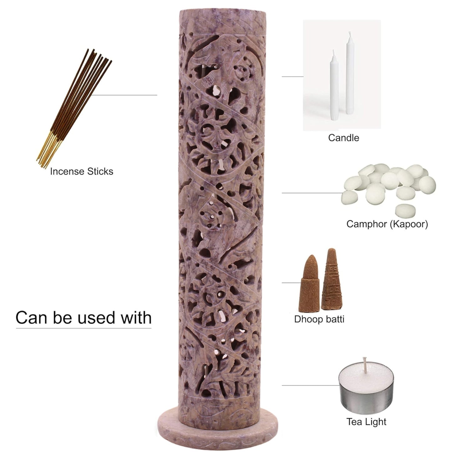 Carry Me Marble Soapstone Incense Stick Holder | Candle Burner | Tea Light Holder - Perfect Handmade Elephant Carving for Gifting. Decorative Home and Office Decor.(3 x 3 x 10.5 Inches)