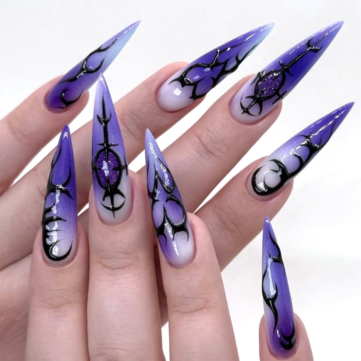 SINHOT Stiletto Press On Nails - Long Fake Nails, Glossy Finish, Purple Ombre & Black Pattern, DIY Nail Art - 24 Pcs Nail Kit with Glue