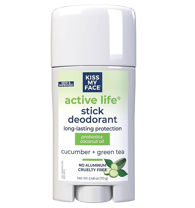 Kiss My Face Active Life Deodorant Contains Naturally Derived Ingredients, 72 Hour Odor Control | For Women and Men, Aluminum Free with Coconut Oil and Probiotics, Cucumber and Green Tea Scent