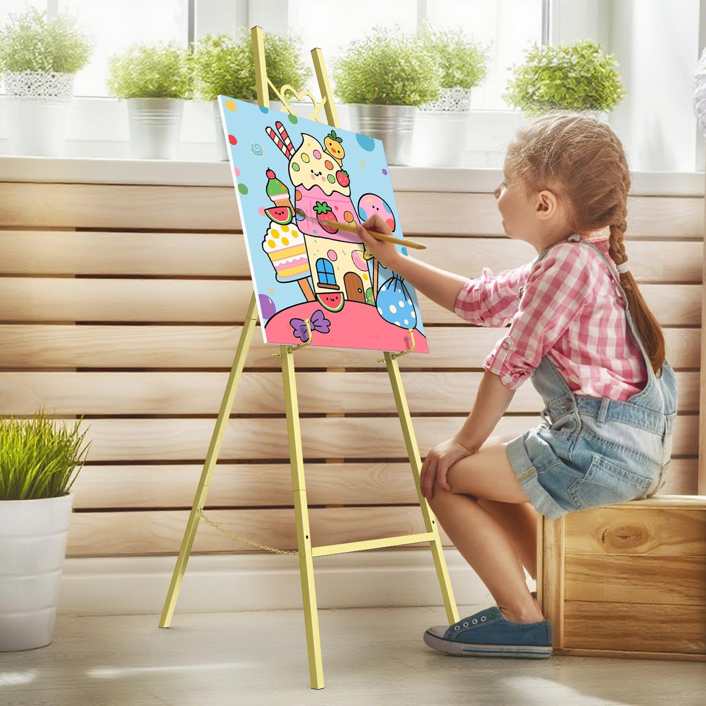 56" Gold Easel Stand for Sign, Heavy Duty Display Easel with Adjustable Chain, Heart-Shaped Envelope Design Art Easel for Paintings, Wedding Sign, Posters, Mirrors, Artwork