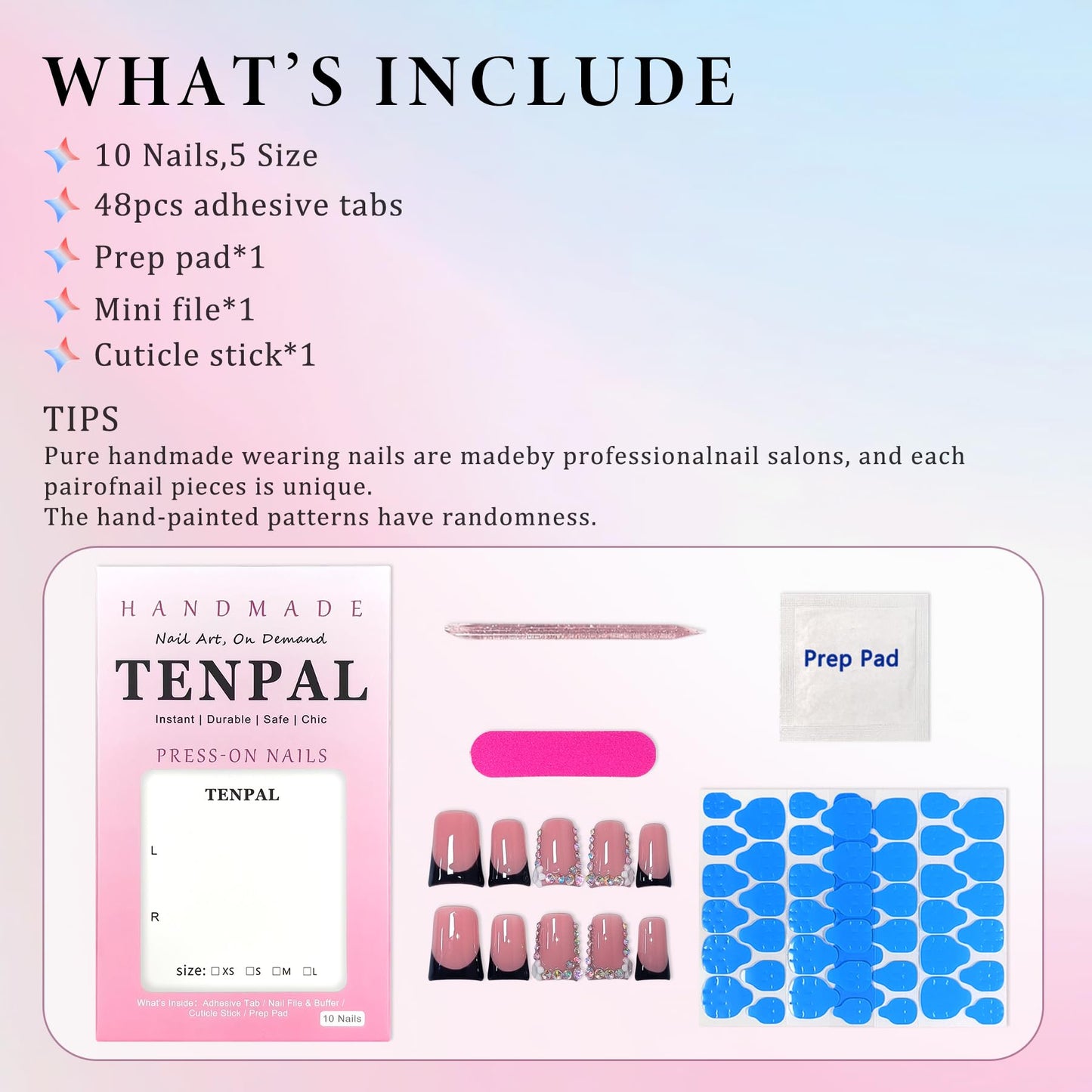 TENPAL Handmade Duck Nails Press on,Pink & Black French Tip Duckbill Tips with Rhinestone Edge,10PCS Glossy Glue on Nails Kit,Glitter Acrylic False Nails with Design,Y2K Punk Fake Nail for Women(S)