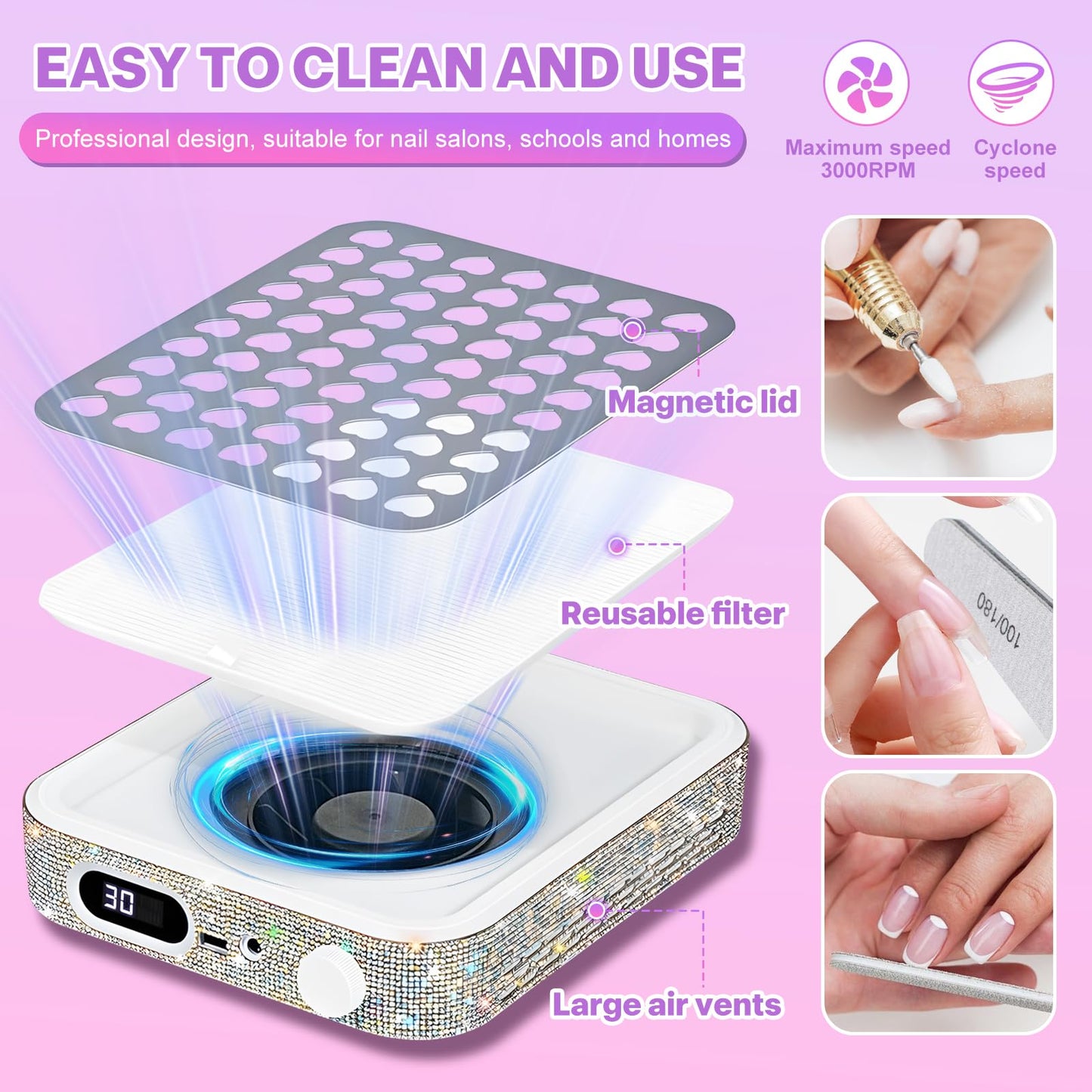 Nail Dust Collector - Nail Fan Dust Collector Compact Salon Tool for Acrylic Nails Polishing, Nail Salon Home (White)