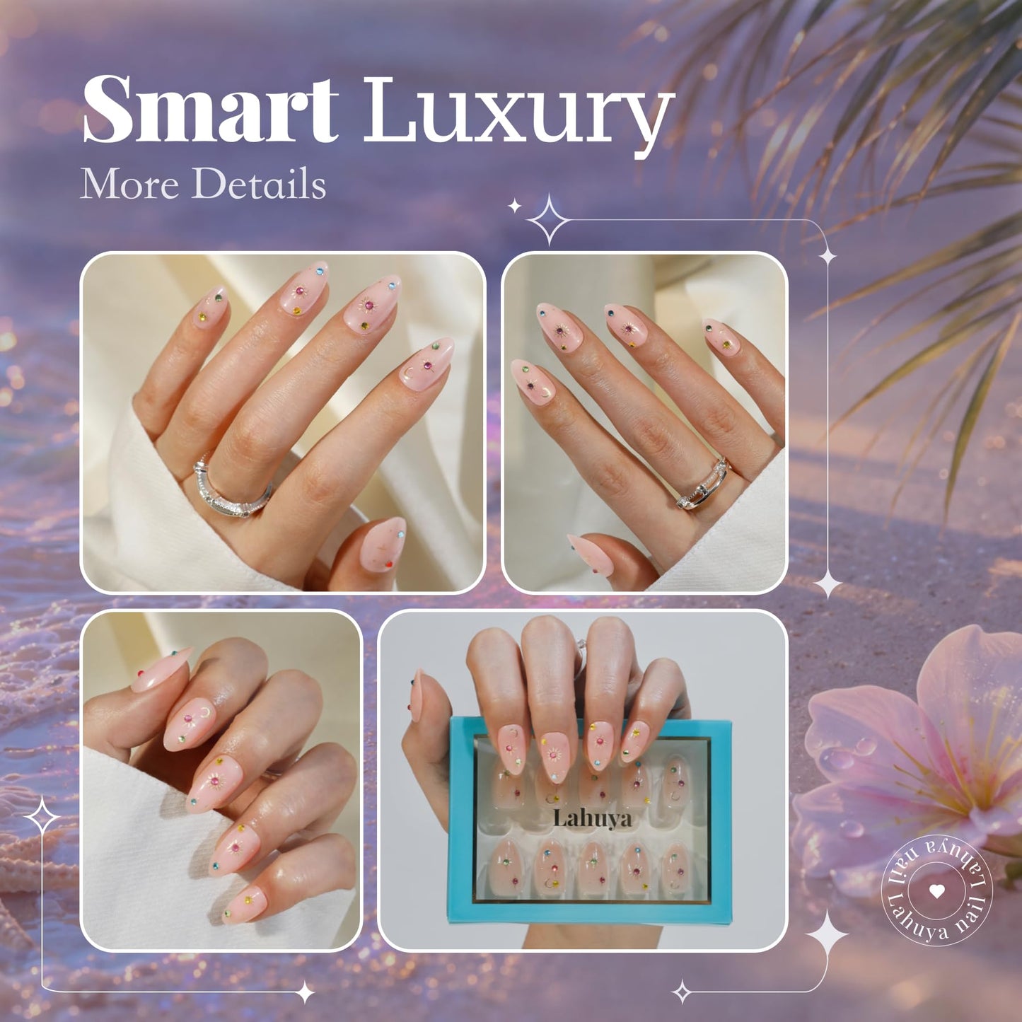 Lahuya Press On Nails – Celestial Charm | Designer-Created Short Almond Nude Pink Fake Nails with Colorful Rhinestones, Moon & Sunburst Accents, Glossy Finish | 30 Nails